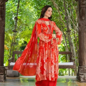 Red Floral Chinon Anarkali three piece set