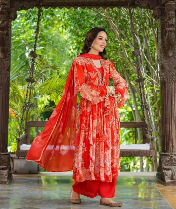 Red Floral Chinon Anarkali three piece set