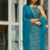 Turquoise Blue Handwork Printed Georgette Sleeveless Long Kurta with Palazzo and Chiffon Dupatta (Set of 3)