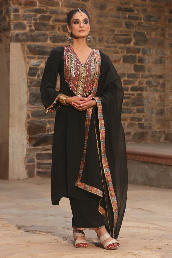 Black Crepe Kurta and Palazzo with Dupatta