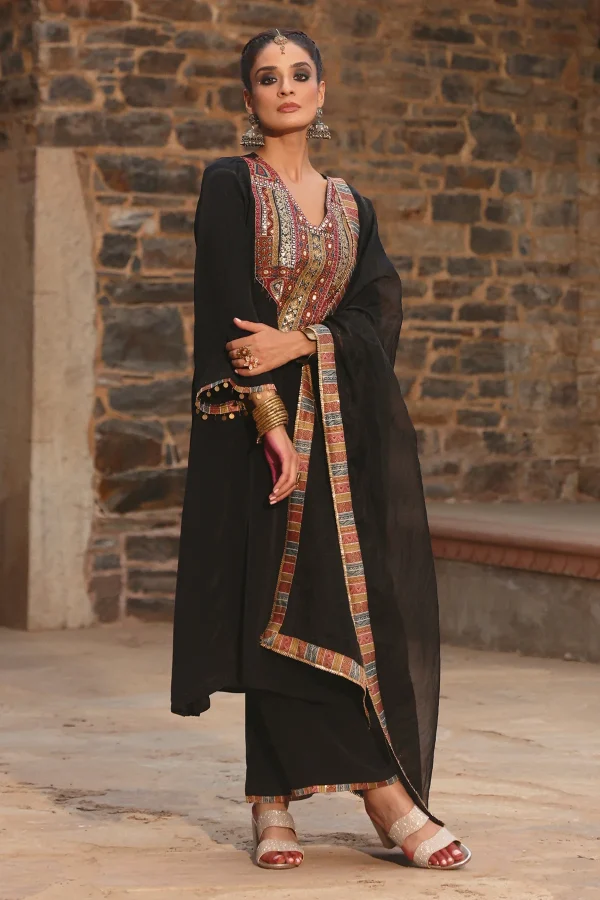 Black Crepe Kurta and Palazzo with Dupatta