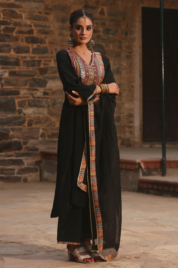 Black Crepe Kurta and Palazzo with Dupatta